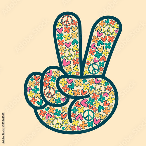 Icon, sticker in hippie style with floral V sign on a beige background with flowers, hearts and peace signs