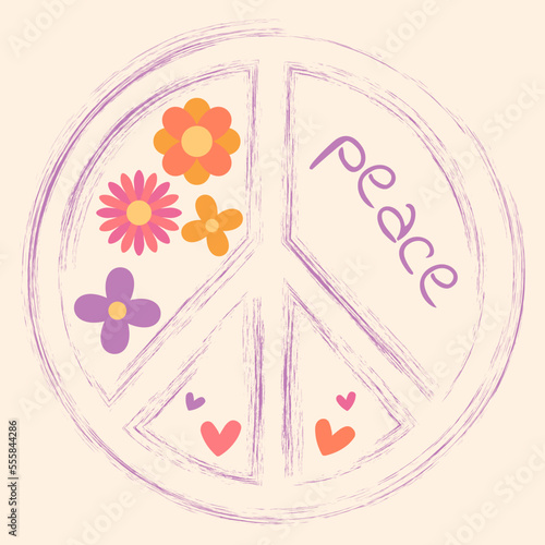 Icon, sticker in hippie style with Peace sign, text peace and flowers on beige background. Retro style