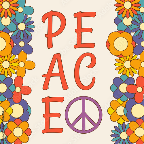 Icon, sticker in hippie style with text Peace and flowers on the right and left side on beige background. Retro style