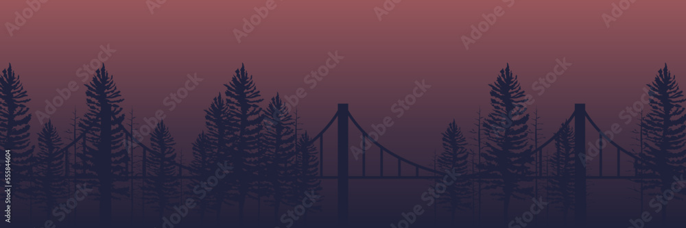Pine tree and bridge silhouette flat design vector illustration good for web banner, ads banner, tourism banner, wallpaper, background template, and adventure design backdrop	