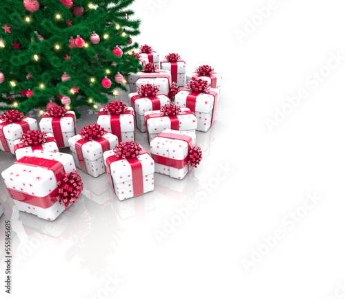Gift boxes and Decorated Christmas tree with sparkling light garland, balls and stars isolated on white background