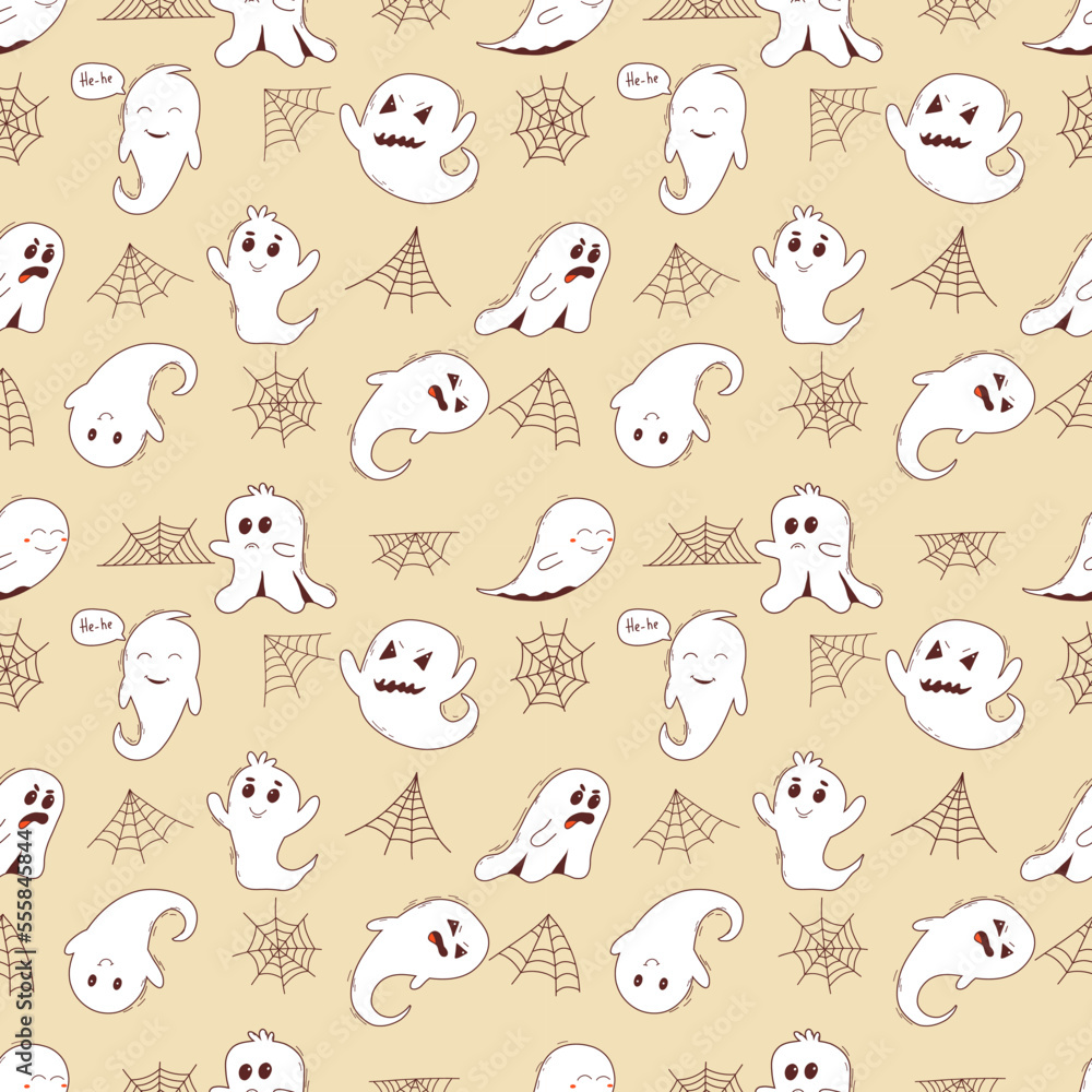 Spooky halloween ghosts seamless pattern. Spooky poltergeist. Halloween scary ghostly monsters