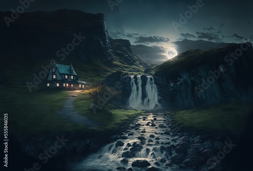 illustration of a wooden cabin or cottage on cliff with waterfall 