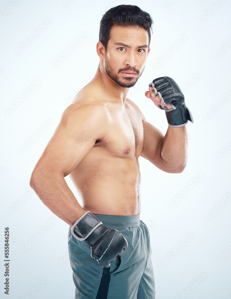 Face portrait, mma sports and man in studio on a blue background. Martial arts, body fitness and serious male fighter or boxer ready for training, workout or exercise for battle, match or competition Face portrait, mma sports and man in studio on a blue background. Martial arts, body fitness and serious male fighter or boxer ready for training, workout or exercise for battle, match or competition