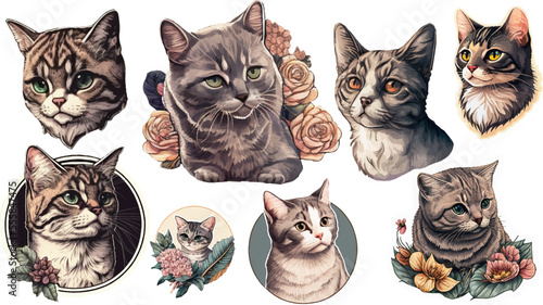 Set of gray cats isolated on white background. Portrait of a cat. Cats heads faces. Vector illustration.
