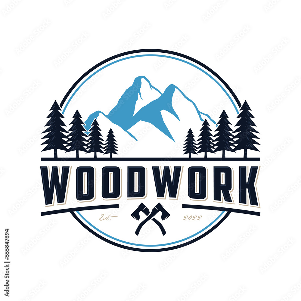 Woodworking logo design emblem vintage, pine tree vector, axe, wood, mountains design circular emblem, camping logo, outdoor, adventure.
