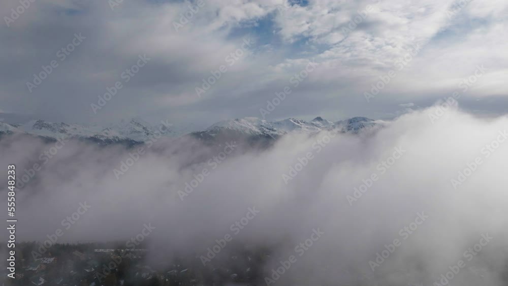 Aerial shot in Switzerland over the town of Crans Montana, Valais Aerial shot in Switzerland over the town of Crans Montana, Valais