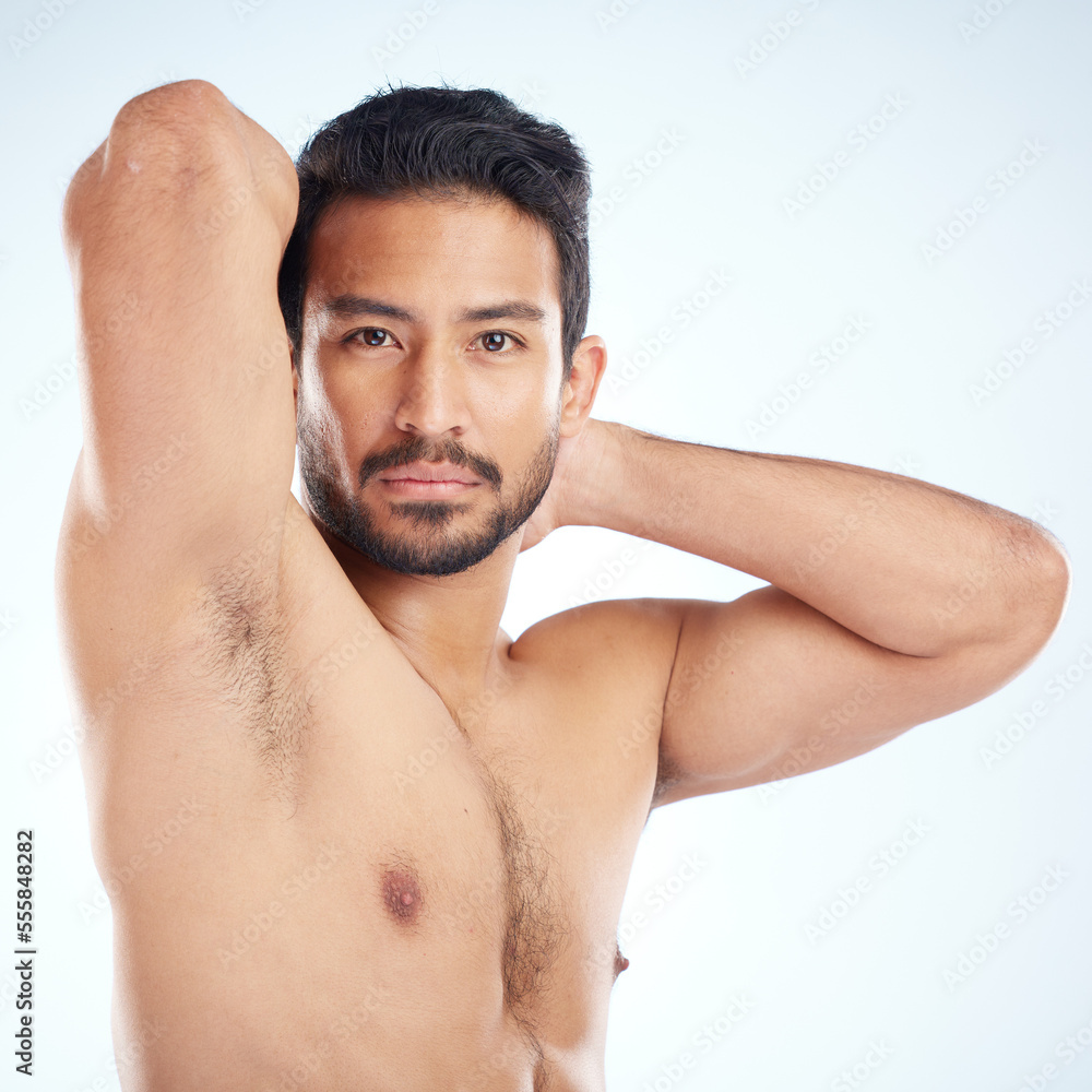 Fototapeta premium Man, body or stretching arms on studio background in workout tension release, exercise pain relief or training healthcare wellness. Portrait, sports athlete or fitness model warm up of strong muscles