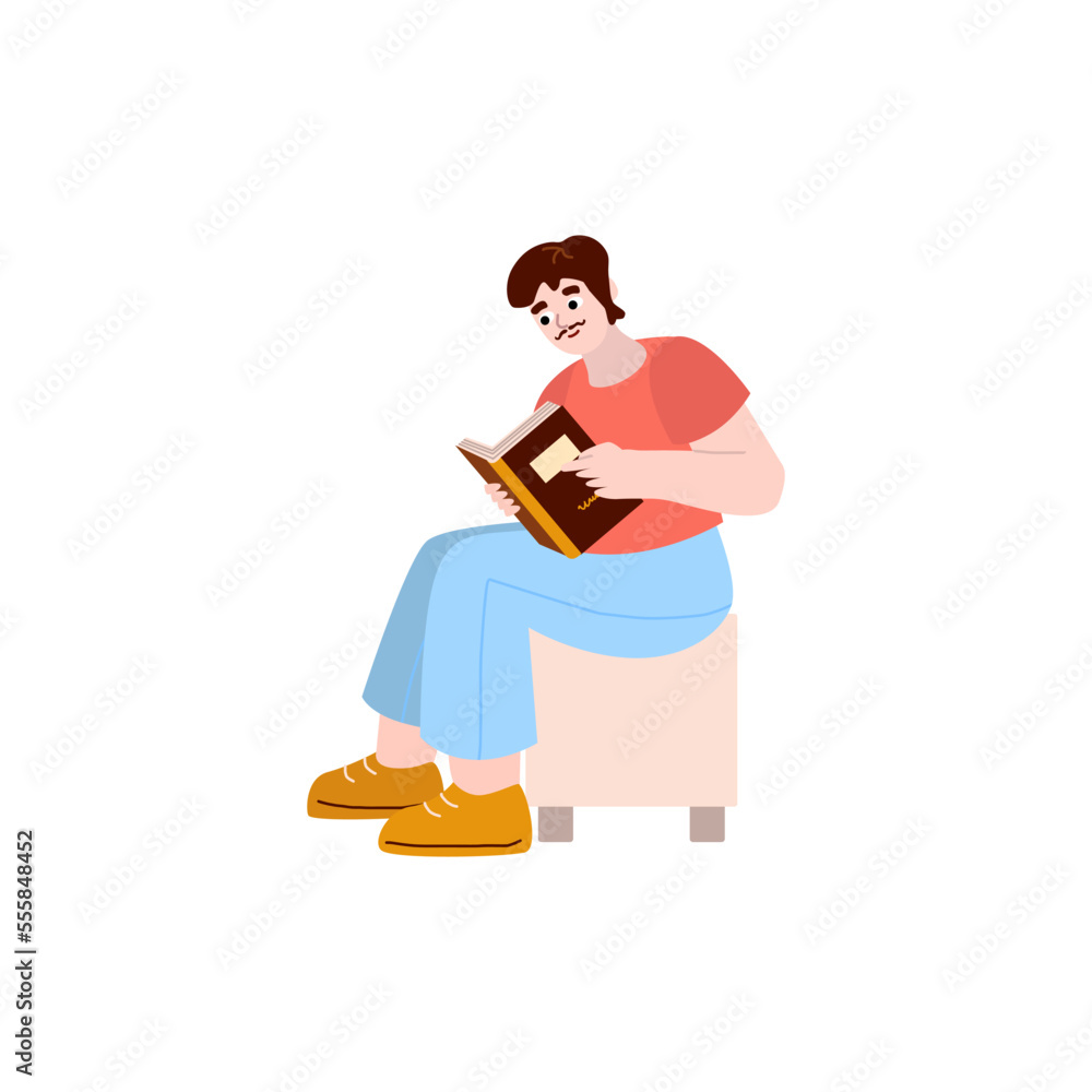 A man with a mustache spends his time reading books. The character sits on the sofa and reads notes, photo album, magazine. Reading is a cool hobby. Vectro illustration in flat cartoon style