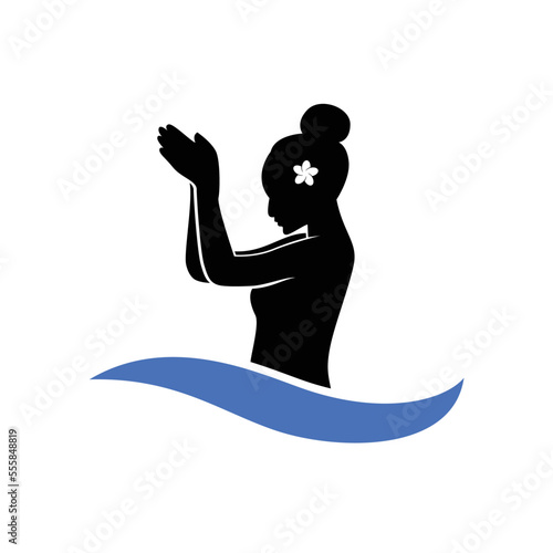 beach wave logo vector with Religious Balinese culture praying hand gesture girl woman female silhouette