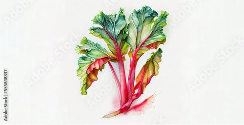 Rhubarb. Watercolor on white paper background. Illustration of vegetables and greens  photo