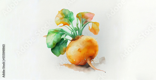 Swede. Watercolor on white paper background. Illustration of vegetables and greens