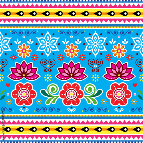 Pakistani and Indian seamless vector pattern with lotus flowers, jingle truck art design in blue, red, pink and yellow
