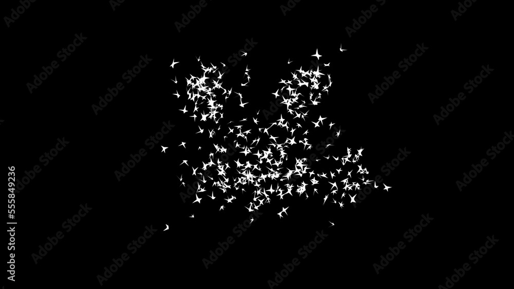 3D schematic flock butterflies moves chaotically on black background. Scientific mapping of chaos of swarm. Abstract festive backdrop for advertise. Science concept. 3d render