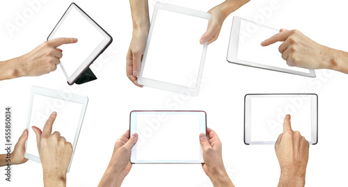 Hands holding tablet, isolated on white background. Human hands holding digital tablet with a white blank screen. hands holding a tablet computer gadget with isolated screen.