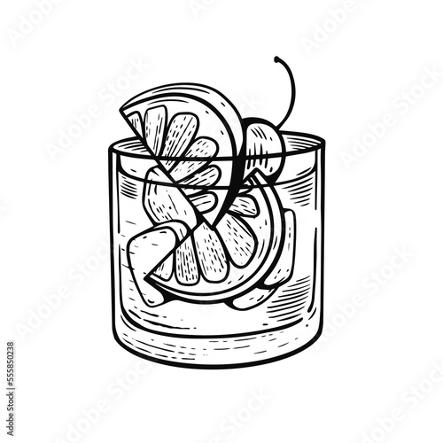 Cocktail black color outline engraving style vector art illustration.