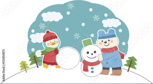 冬の白クマとペンギンのイラスト素材　雪遊び背景つき