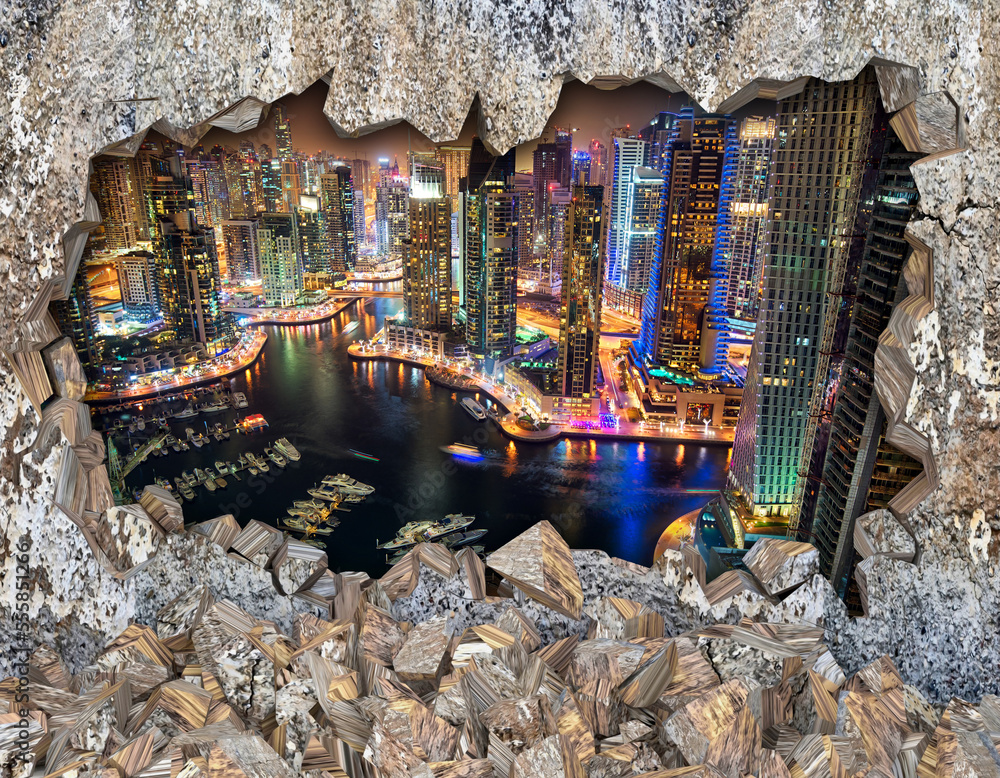 3D wallpaper , stone cave background with Dubai city , Night landscape  Stock Illustration | Adobe Stock