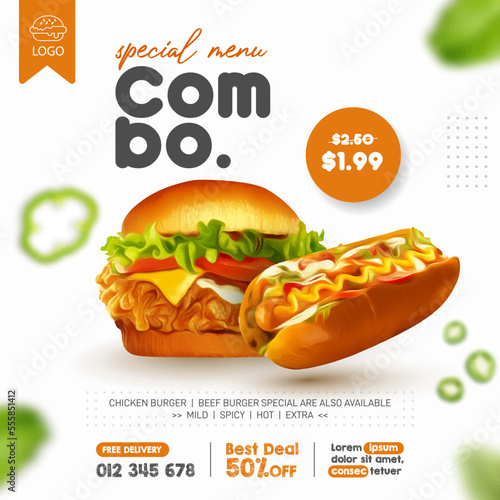 Fried chicken burger and hot dog ads social media post or print template