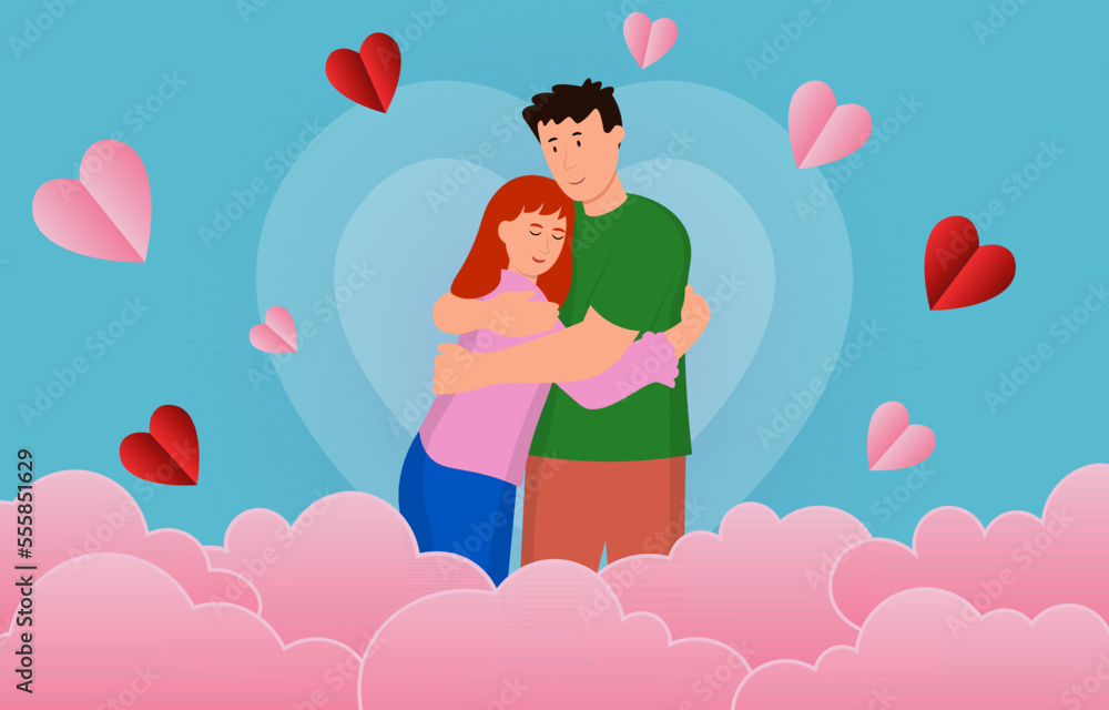 happy valentines day background with embracing couple, hearts and clouds