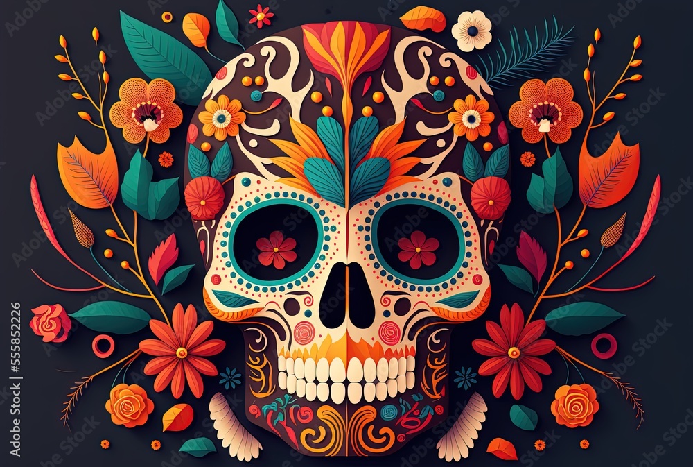 illustration of skull mask with flower decoration, Day of the Dead illustration of skull mask with flower decoration, Day of the Dead