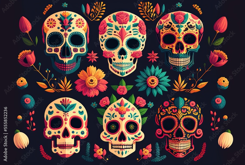 illustration of skull mask with flower decoration, Day of the Dead illustration of skull mask with flower decoration, Day of the Dead