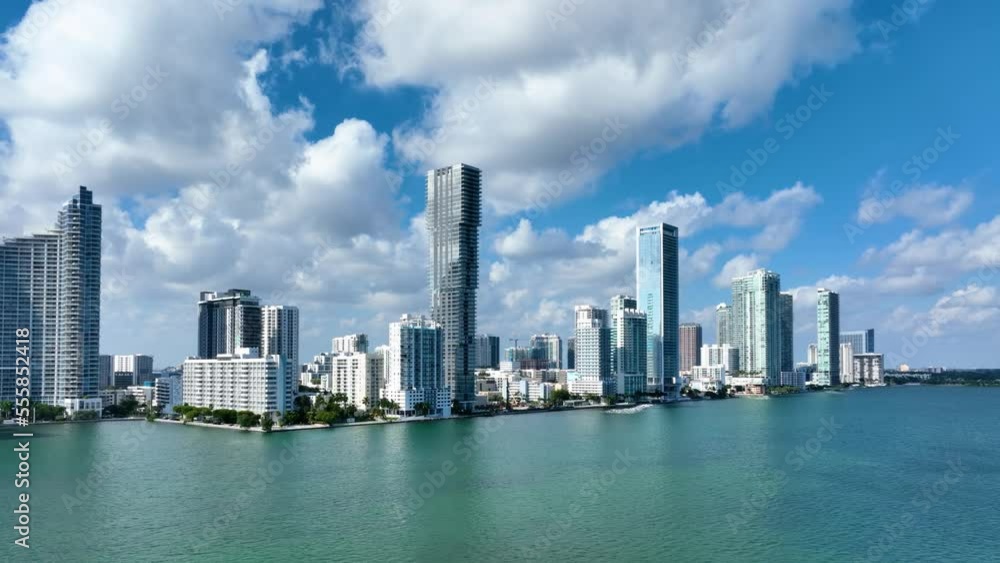 Aerial shot of the tall buildings along the ocean in downtown Miami Florida Aerial shot of the tall buildings along the ocean in downtown Miami Florida