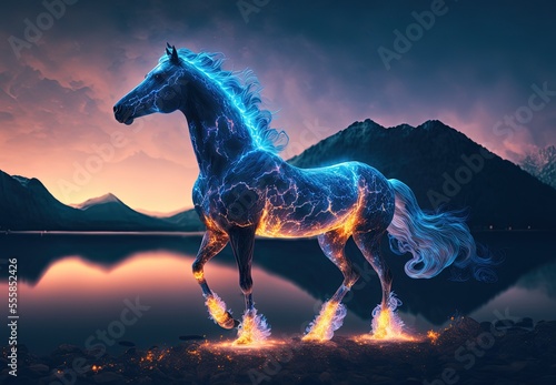 illustration of beautiful black horse with bad weather  look powerful and fairytale and symbol of unexpected succeed   