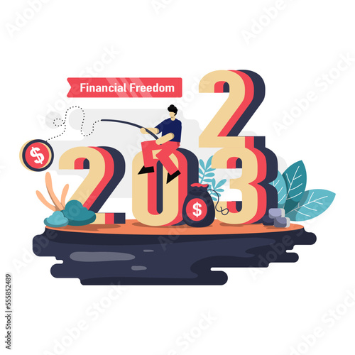 financial freedom in the new year 2023 flat illustration, the concept of a man fishing for coins to get financial freedom next year. suitable for web and mobile app design
