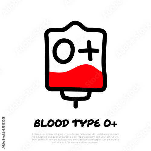 Blood bag with plasma. Doodle thin line icon. Blood donation. Blood type O+. Vector illustration.