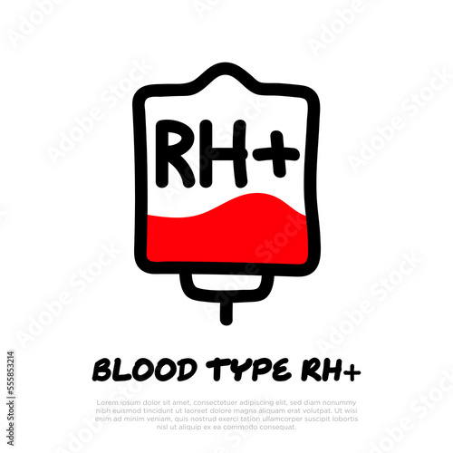 Blood bag with plasma. Doodle thin line icon. Blood donation. Blood type RH+. Vector illustration.
