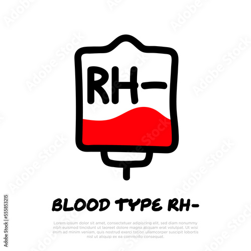 Blood bag with plasma. Doodle thin line icon. Blood donation. Blood type RH-. Vector illustration.