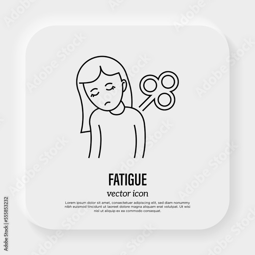 Fatigue, tiredness, apathy gradient flat icon. Tired girl with clockwork on the back. Post-covid syndrome. Vector illustration.
