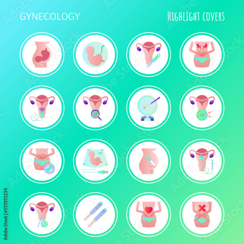 Gynecology flat gradient icons set. Ultrasound, artificial fertilization, pregnancy, fetus, menstration, cesarian section, intrauterine insemination. Highlights for stories. Vector illustration