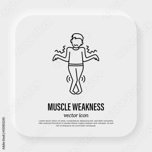 Muscle weakness thin line icon. Man can´t control his body. Long covid syndrome. Atrophy. Vector illustratiion.