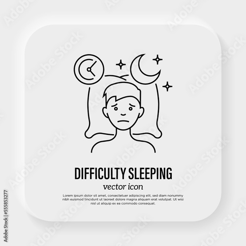 Insomnia: tired man lying on pillow, sleepless, depression, stress. Thin line icon. Vector illustration.