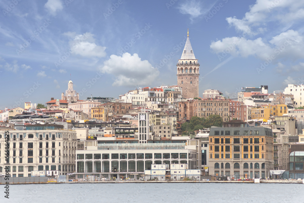City view of Istanbul skyline, Turkey, from the Bosporous with Galata Tower in the far end 