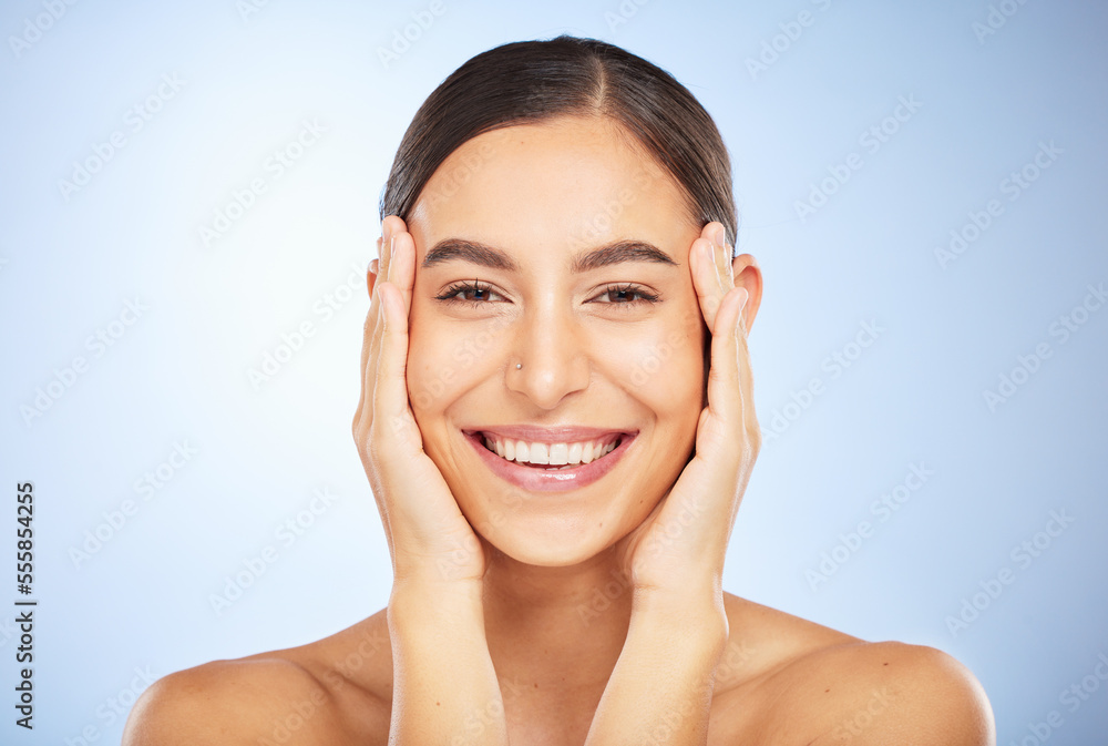 Portrait, skincare and beauty with a model woman in studio on a gray background for natural treatment. Face, wellness and luxury with an attractive young female posing to promote a skin care product Portrait, skincare and beauty with a model woman in studio on a gray background for natural treatment. Face, wellness and luxury with an attractive young female posing to promote a skin care product