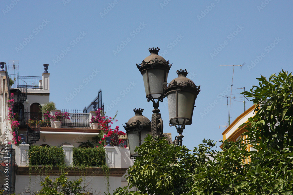 An old townhouse with an interesting roof and an old-style city lantern on a sunny summer day, Seville, Spain.