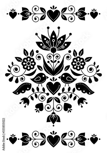 Swedish folk art vector greeting card or invitation design with birds and floral motif, black and white pattern inspired by the traditional Scandinavian art

