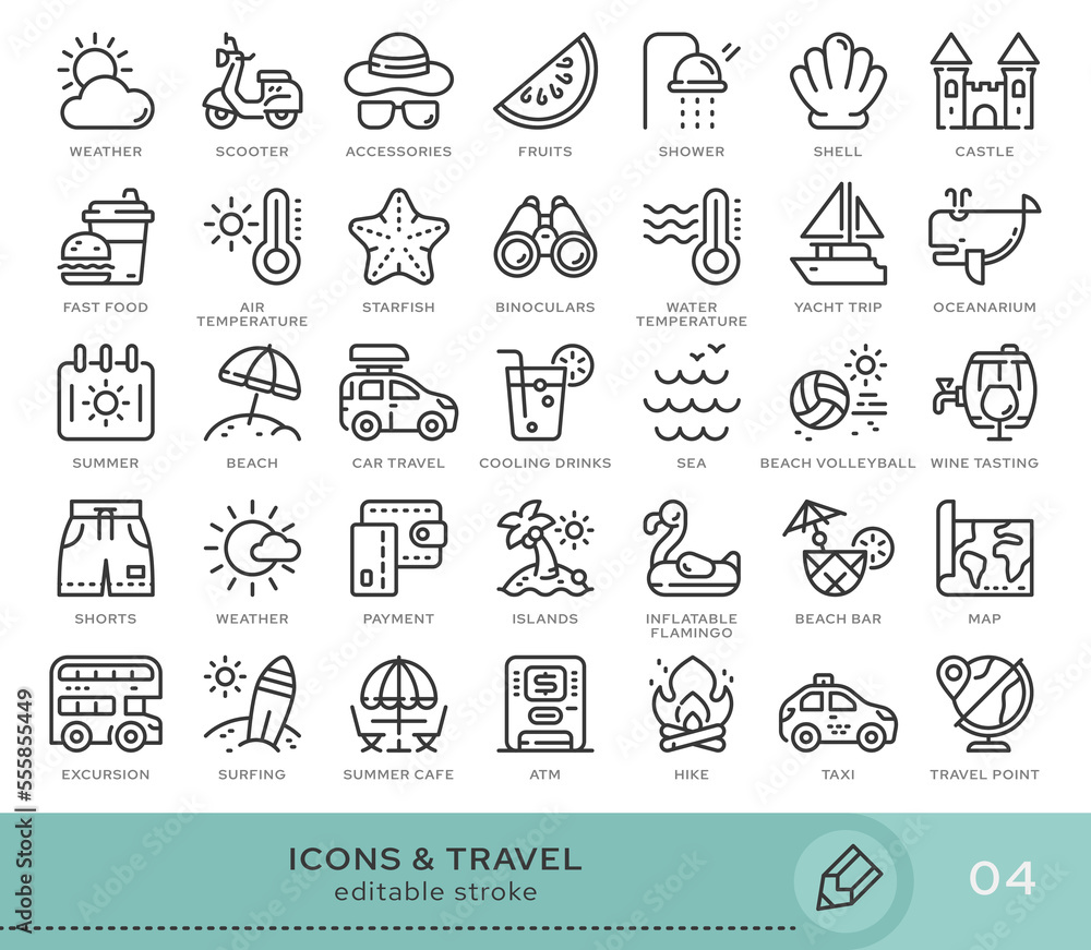 Set of conceptual icons. Vector icons in flat linear style for web sites, applications and other graphic resources. Set from the series - Travel and Tourizm. Editable stroke icon.