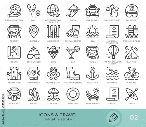 Set of conceptual icons. Vector icons in flat linear style for web sites, applications and other graphic resources. Set from the series - Travel and Tourizm. Editable stroke icon. photo
