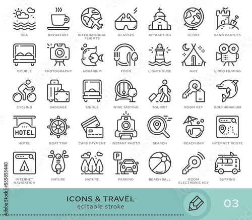 Set of conceptual icons. Vector icons in flat linear style for web sites, applications and other graphic resources. Set from the series - Travel and Tourizm. Editable stroke icon.