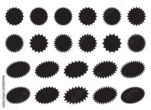 Starburst stickers. Black sunburst badges, isolated star price labels set. Collection of special offer sales sunburst labels and badges. Stickers with star edges for promo advertising campaign.