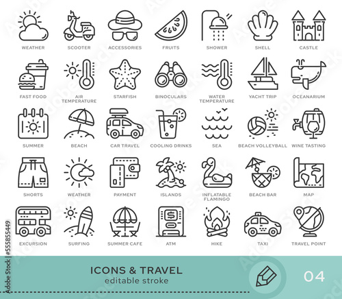 Set of conceptual icons. Vector icons in flat linear style for web sites, applications and other graphic resources. Set from the series - Travel and Tourizm. Editable stroke icon.