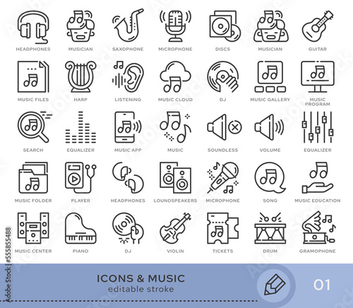 Set of conceptual icons. Vector icons in flat linear style for web sites, applications and other graphic resources. Set from the series - Music and Musical instruments. Editable stroke icon.