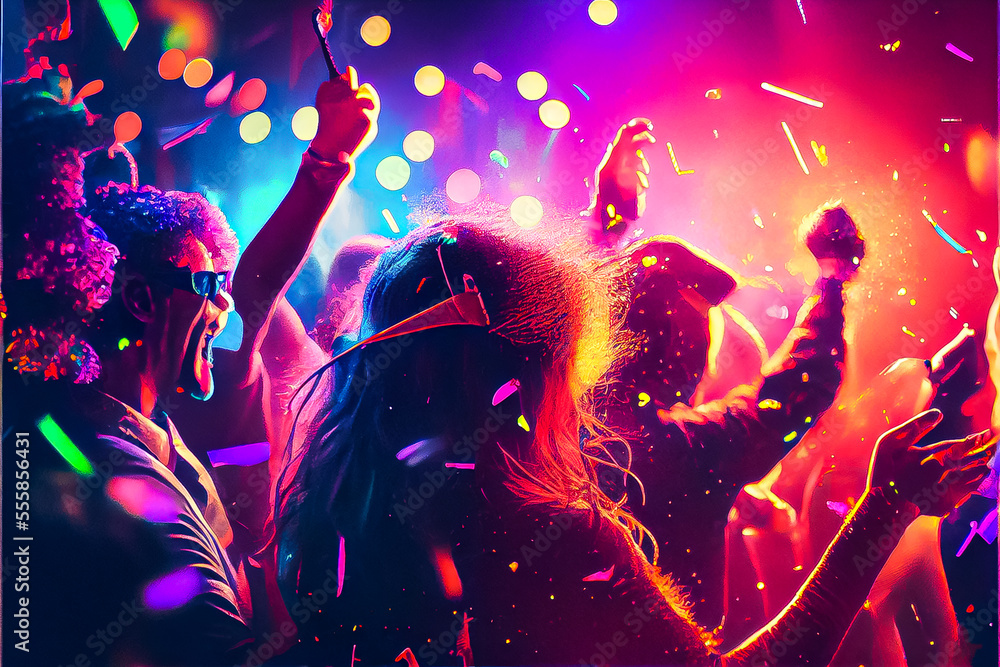New Year's Eve party background, pop color, group of people dancing and joyful, countdown, neural network generated art. Digitally painting, generated image. Not based on any actual scene or pattern
