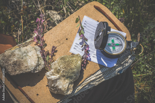 Close up rocks and flower samples with compass concept photo. Top view photography with green field on background. High quality picture for wallpaper, travel blog, magazine, article