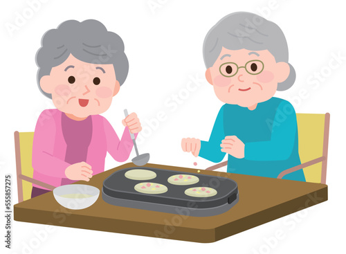 介護施設でレクリレーション　料理をする高齢者　イラスト