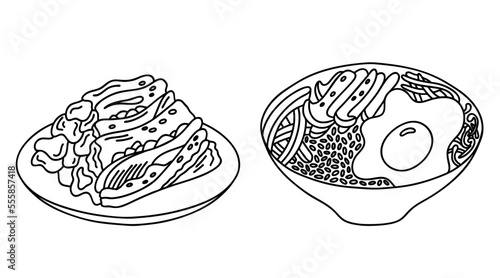 Bibimbap and kimchi. Korean food. Vector outline set.